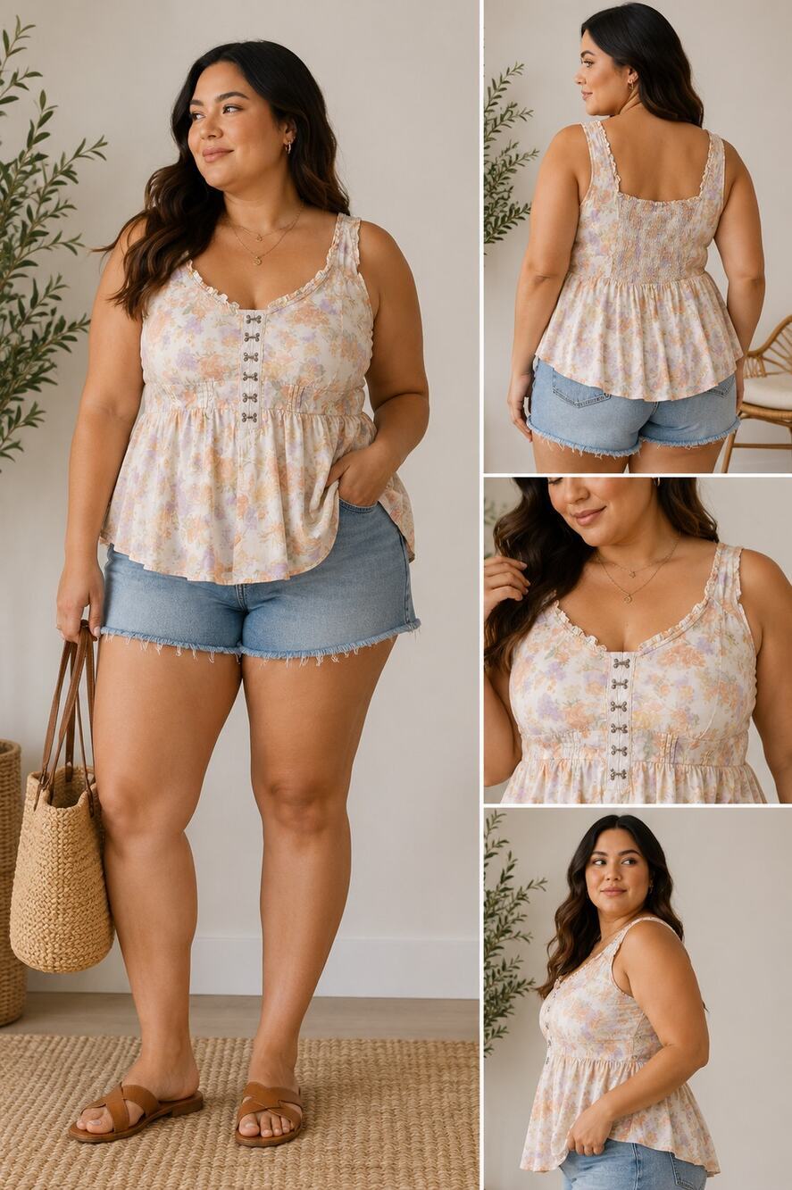 Torrid Floral Babydoll Tank Top Size 2 Plus Hook & Eye Cottagecore Peplum Boho